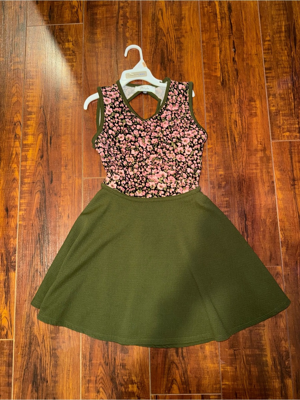 Girls Olive Green Fit-and-Flare Dress with Pink Floral Bodice